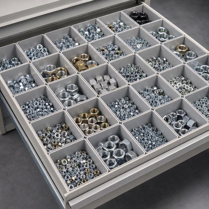Vidmar drawer filled with plastic bins of fasteners