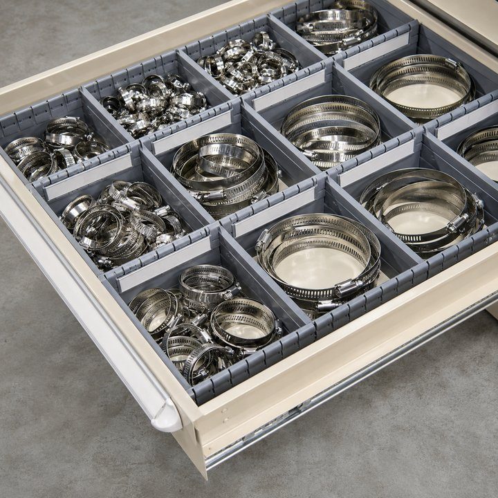 Vidmar drawer with steel partitions and dividers organizing hose clamps